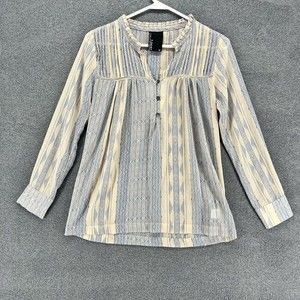 Dolan T-Shirt Blouse top womens Sz XS Tan Blue Sheer ruffle neck geometric print